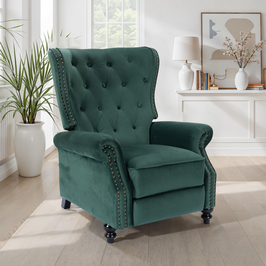Velvet Bottle Green Buttoned Carmona Wingback Recliner Chair Background