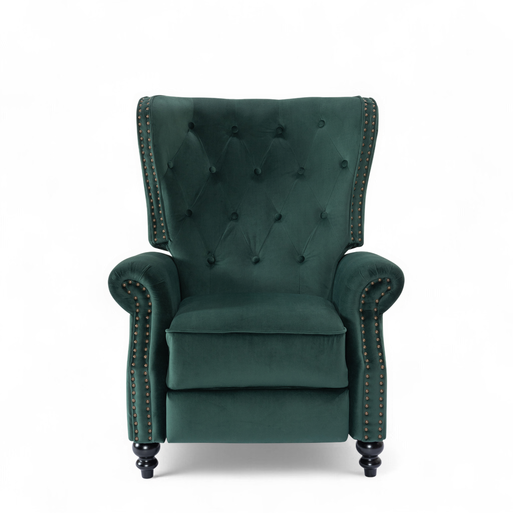 Velvet Bottle Green Buttoned Carmona Wingback Recliner Chair Front
