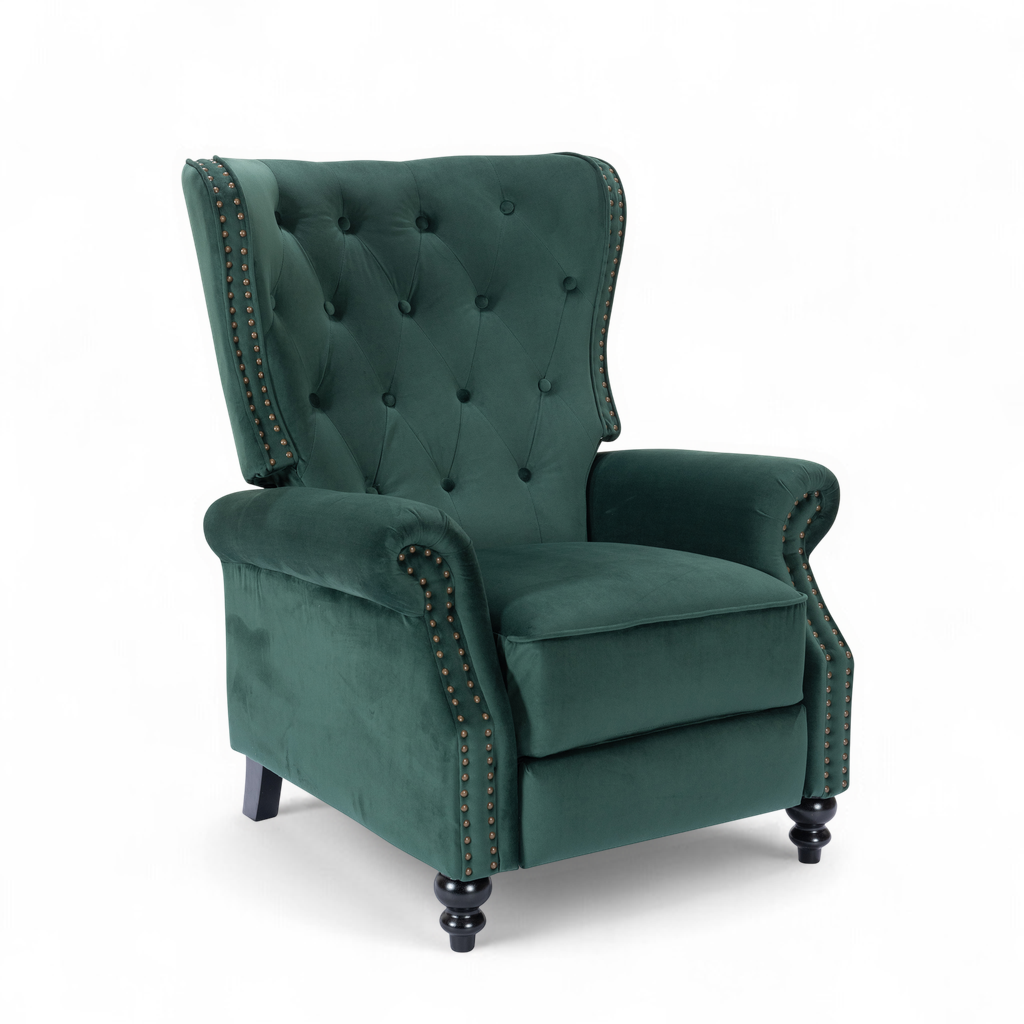 Velvet Bottle Green Buttoned Carmona Wingback Recliner Chair Front Angle