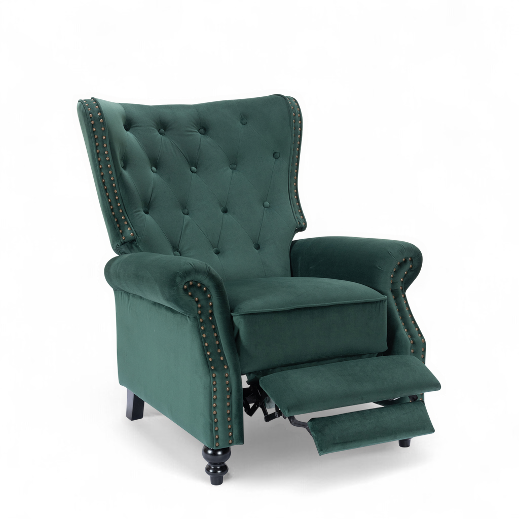 Velvet Bottle Green Buttoned Carmona Wingback Recliner Chair Reclined Front Angle