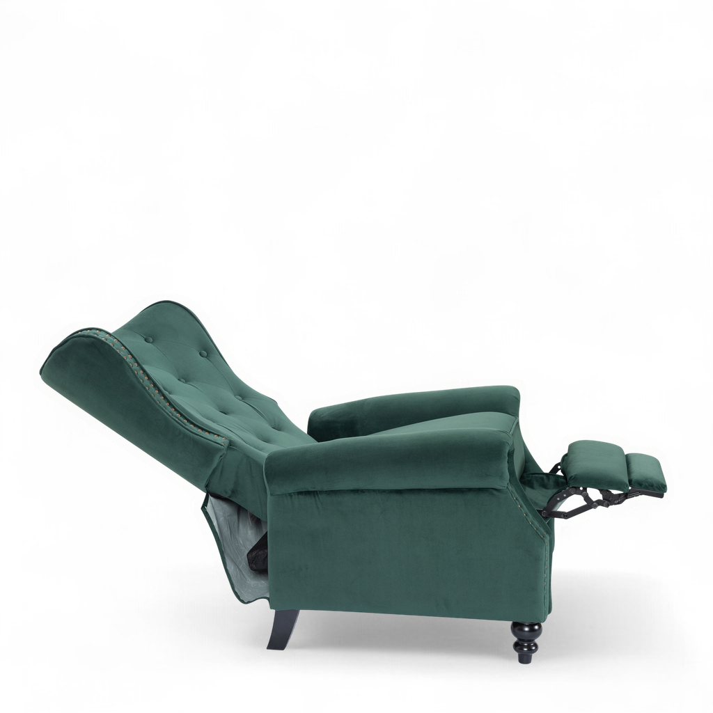 Velvet Bottle Green Buttoned Carmona Wingback Recliner Chair Fully Reclined Side