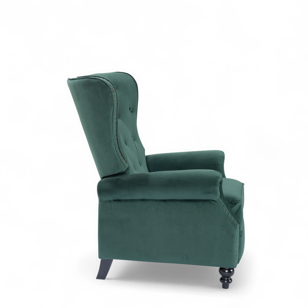 Velvet Bottle Green Buttoned Carmona Wingback Recliner Chair Side