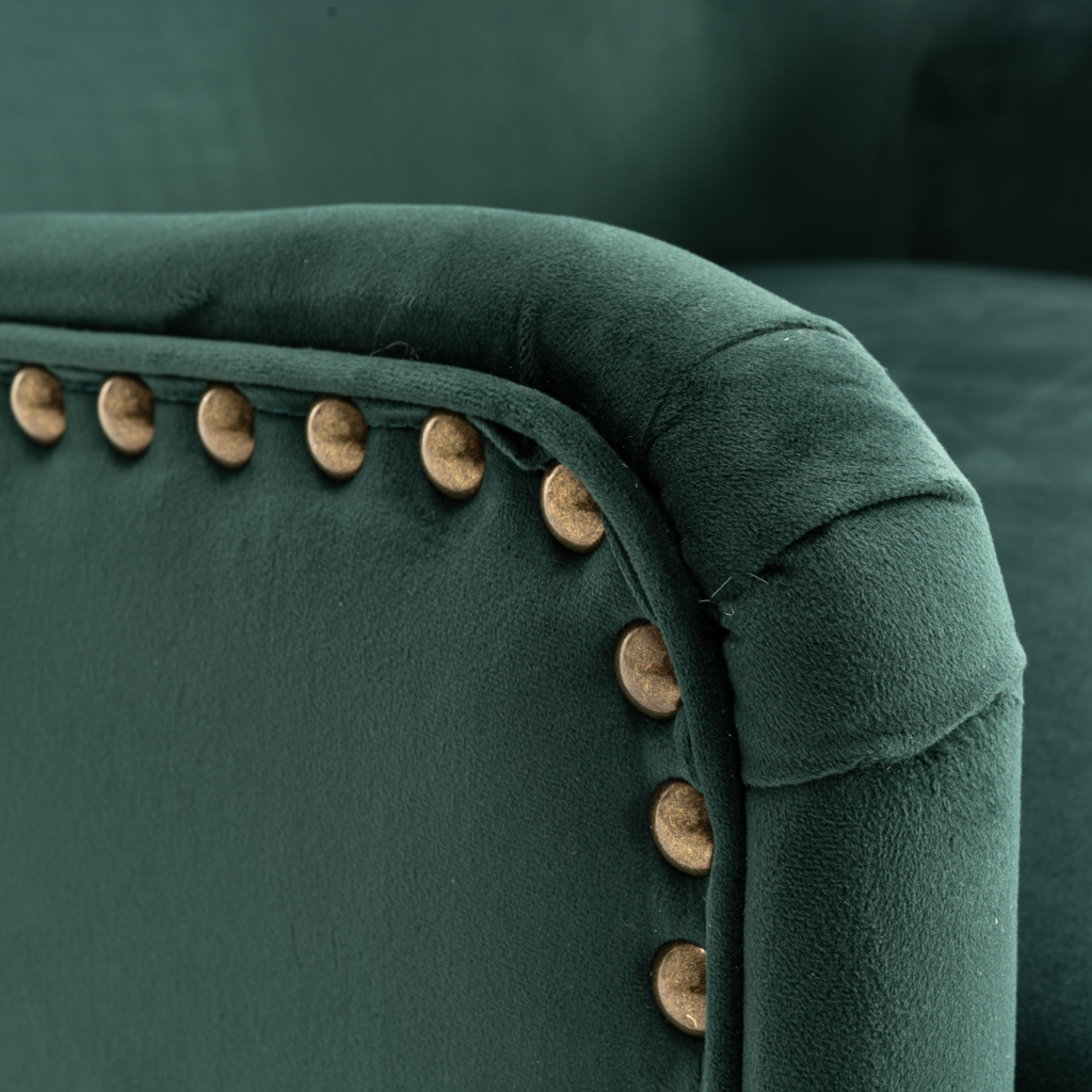 Velvet Bottle Green Segovia Accent Chair Closeup armrest with ornamental studs