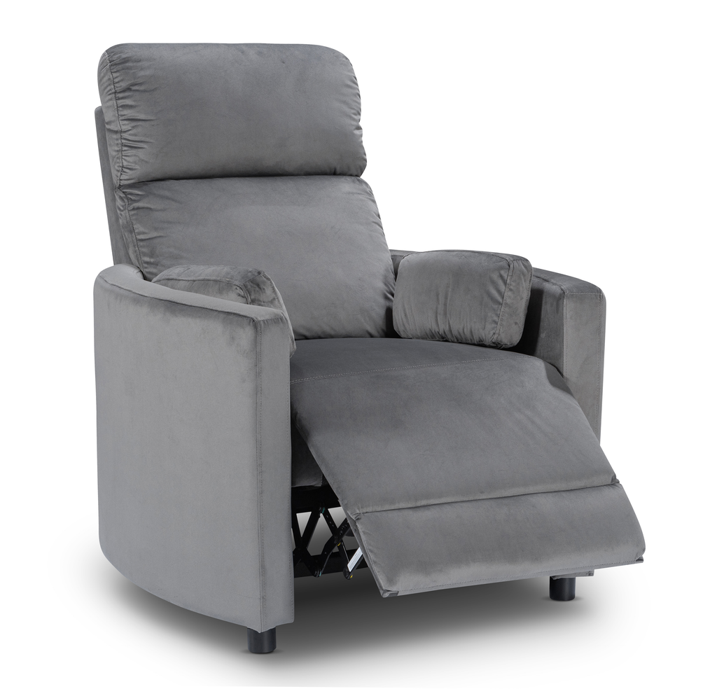 Velvet Dark Grey Margot Manual Recliner Chair Front Angle Reclined