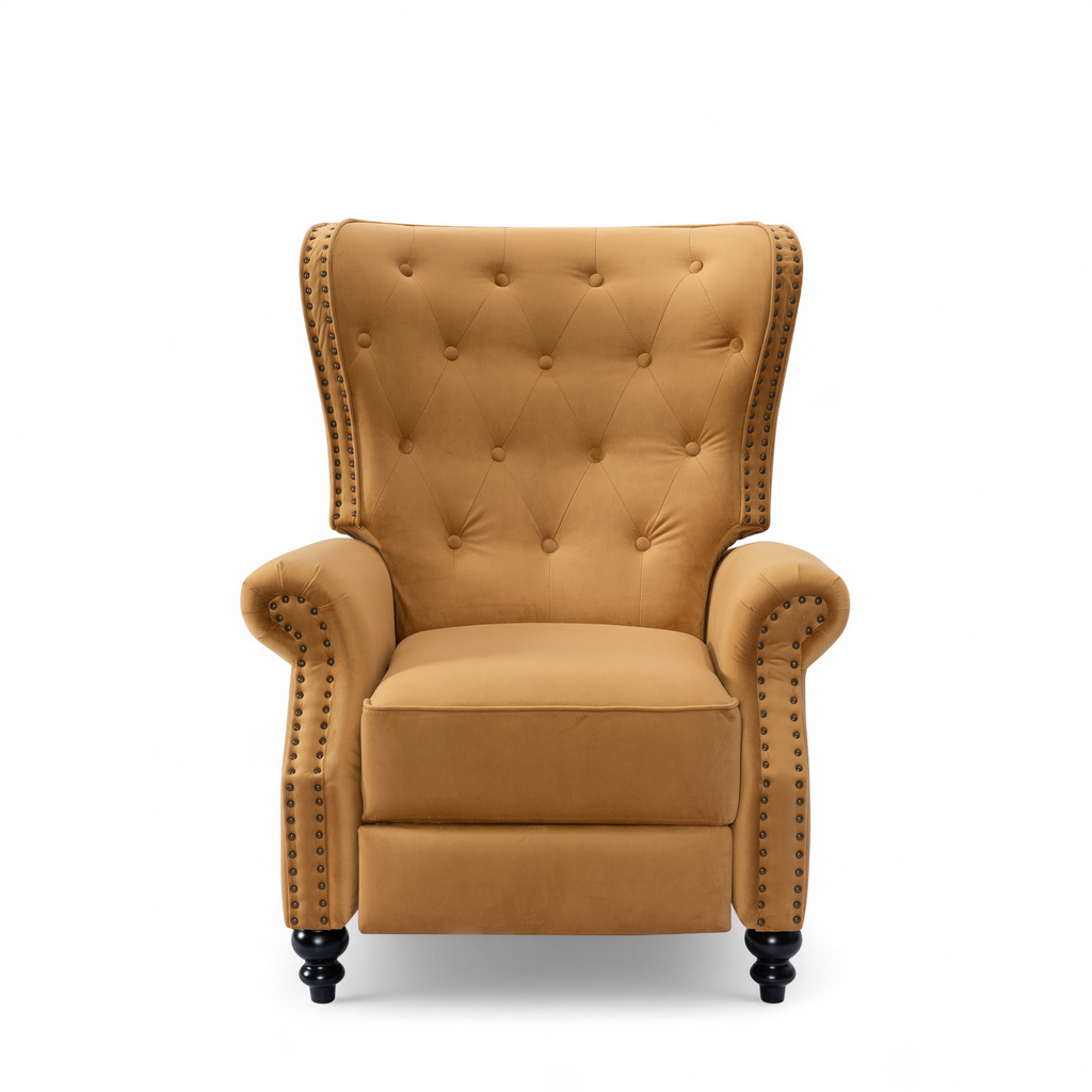 Velvet Gold Buttoned Carmona Wingback Recliner Chair Front