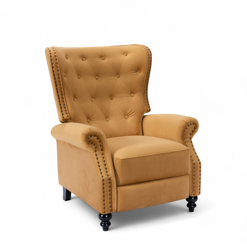 Velvet Gold Buttoned Carmona Wingback Recliner Chair Front Angle