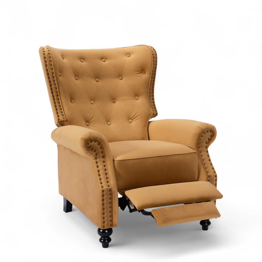 Velvet Gold Buttoned Carmona Wingback Recliner Chair Reclined Front Angle