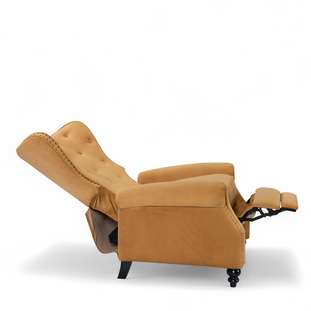 Velvet Gold Buttoned Carmona Wingback Recliner Chair Fully Reclined Side