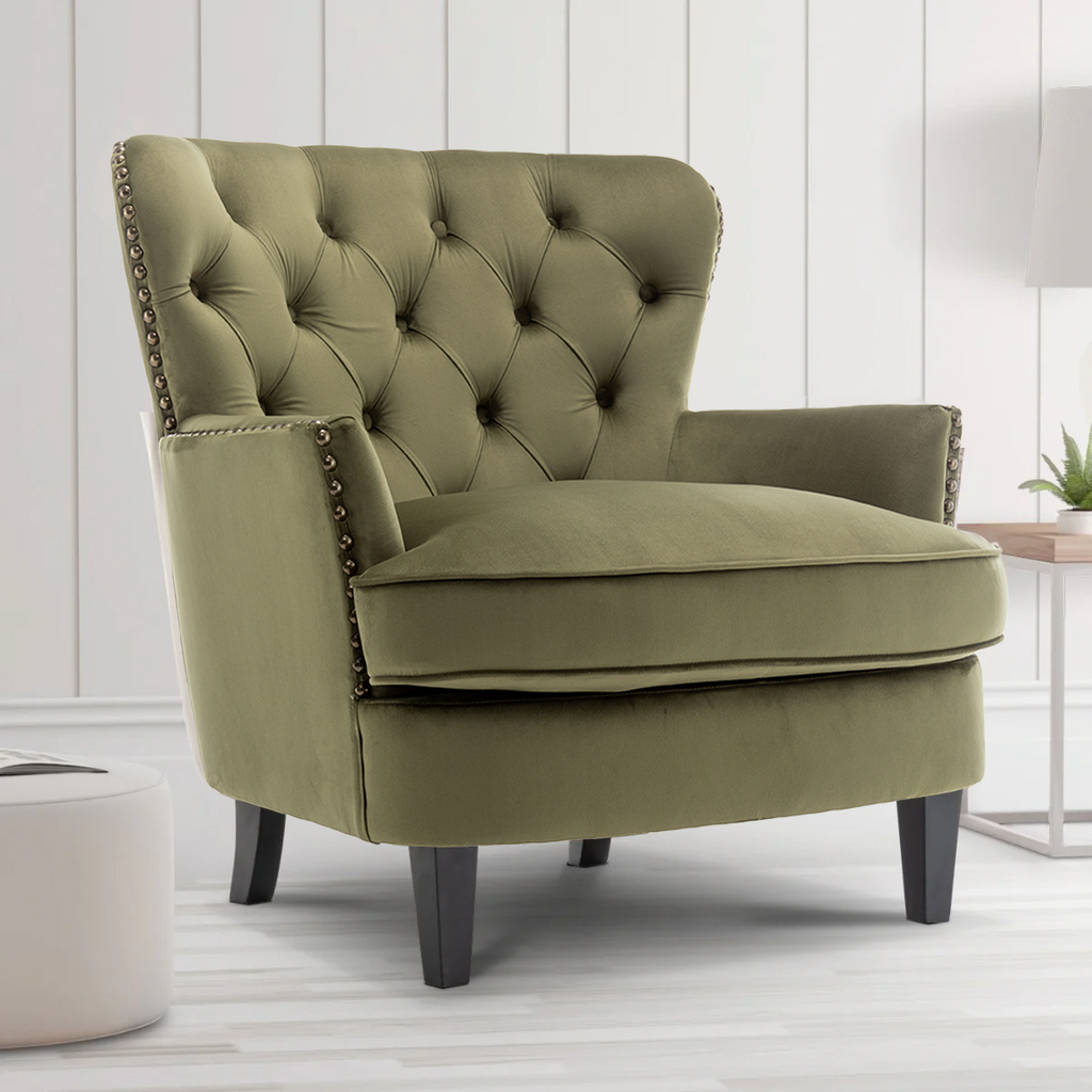 Velvet Sage Green Buttoned Ava Accent Chair