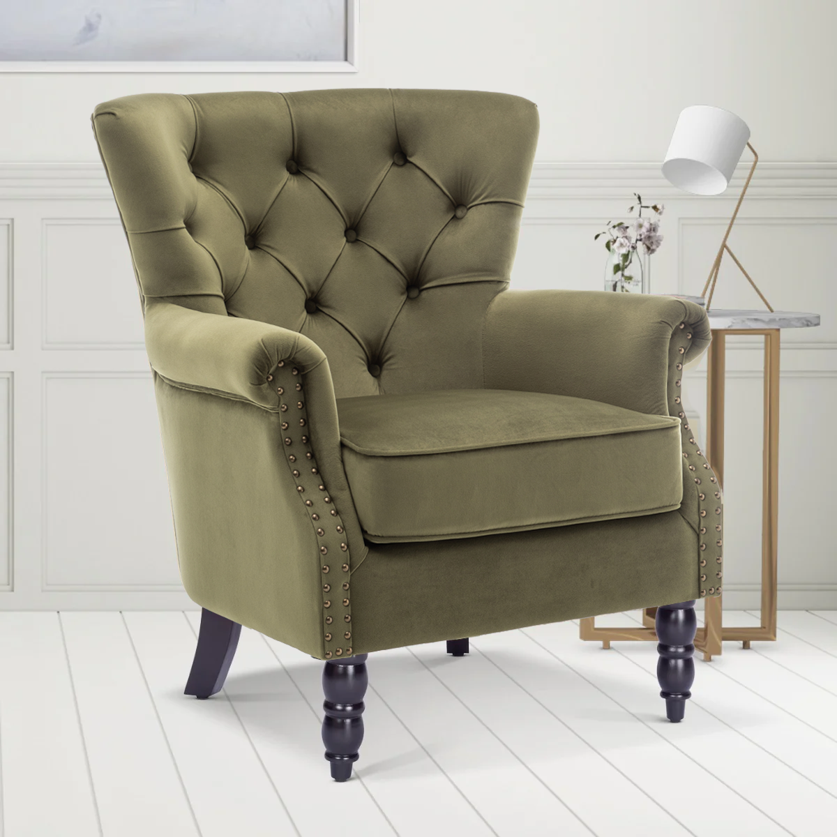 Velvet Sage Green Liana Accent Wingback Chair – Stunning Chairs - Main Image