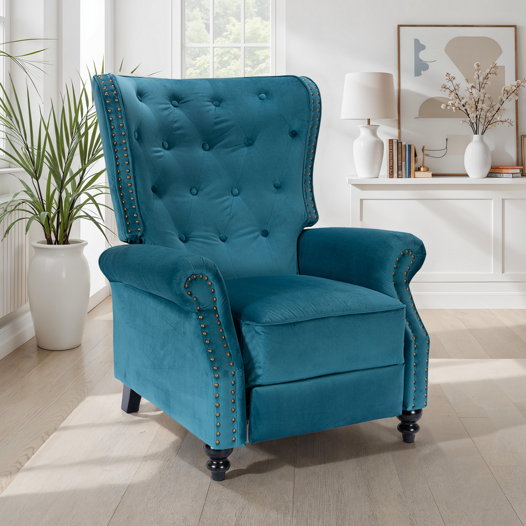 Velvet Teal Buttoned Carmona Wingback Recliner Chair Background
