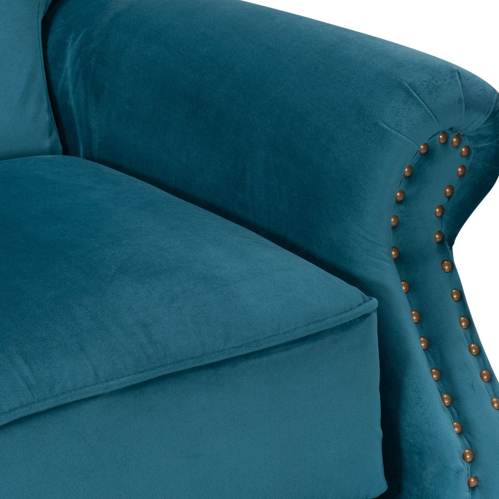 Velvet Teal Buttoned Carmona Wingback Recliner Chair Closeup
