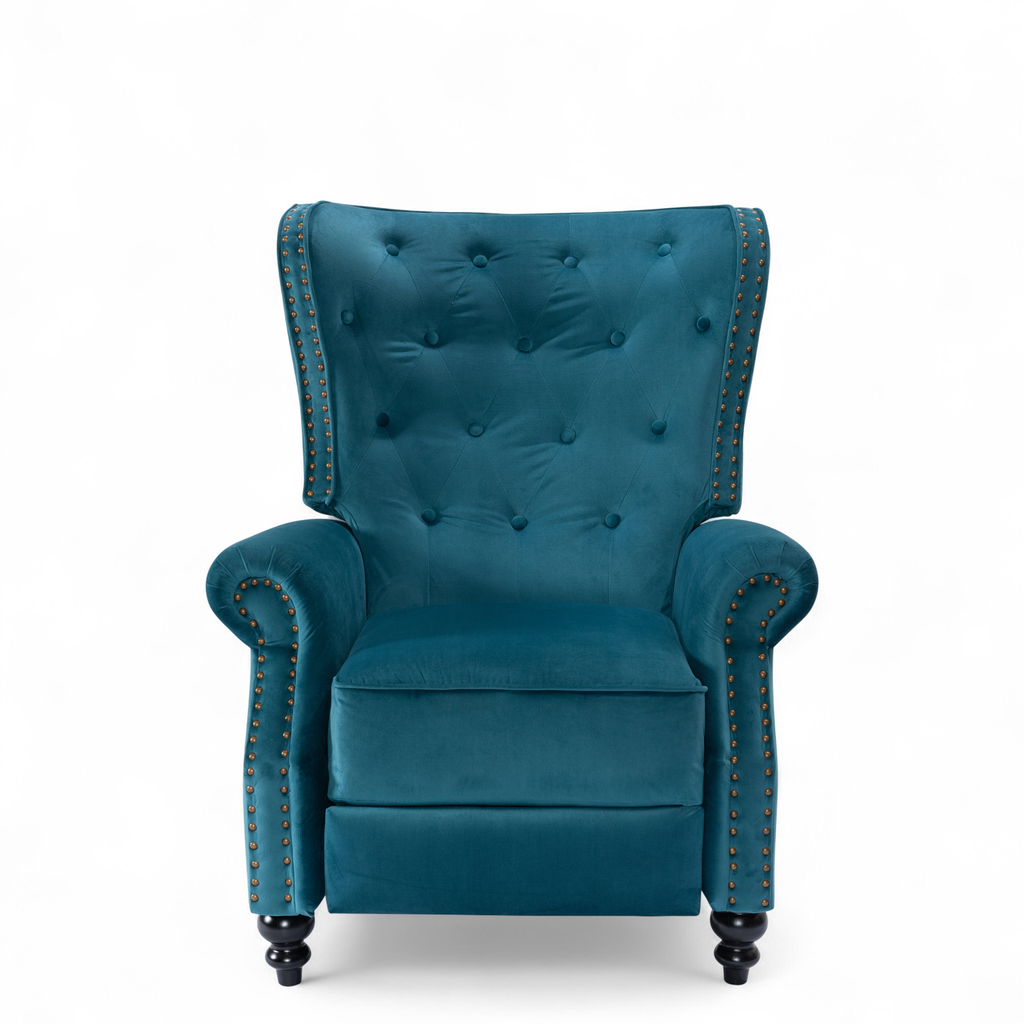 Velvet Teal Buttoned Carmona Wingback Recliner Chair Front