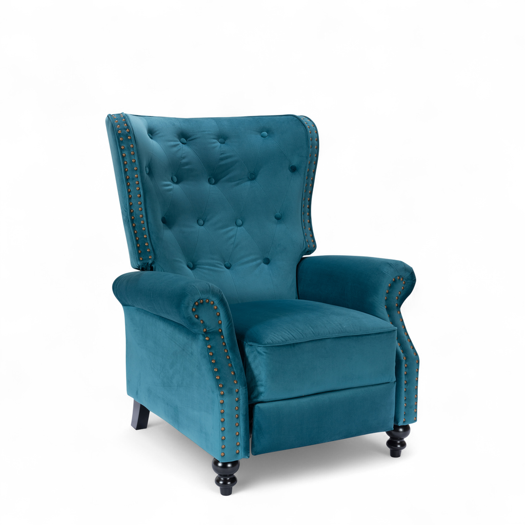 Velvet Teal Buttoned Carmona Wingback Recliner Chair Front Angle