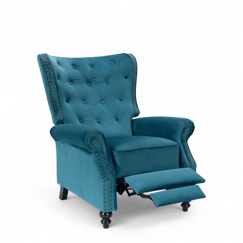 Velvet Teal Buttoned Carmona Wingback Recliner Chair Reclined Front Angle