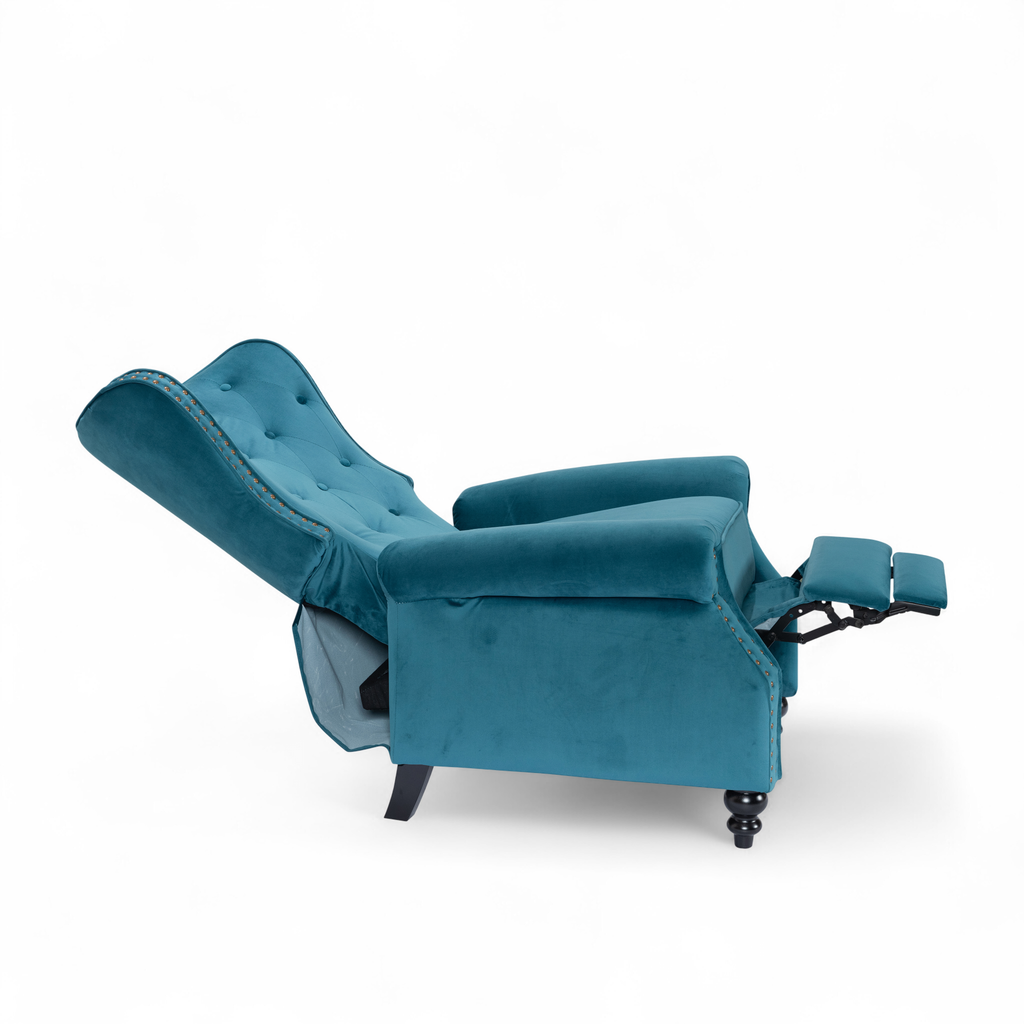 Velvet Teal Buttoned Carmona Wingback Recliner Chair Fully Reclined Side