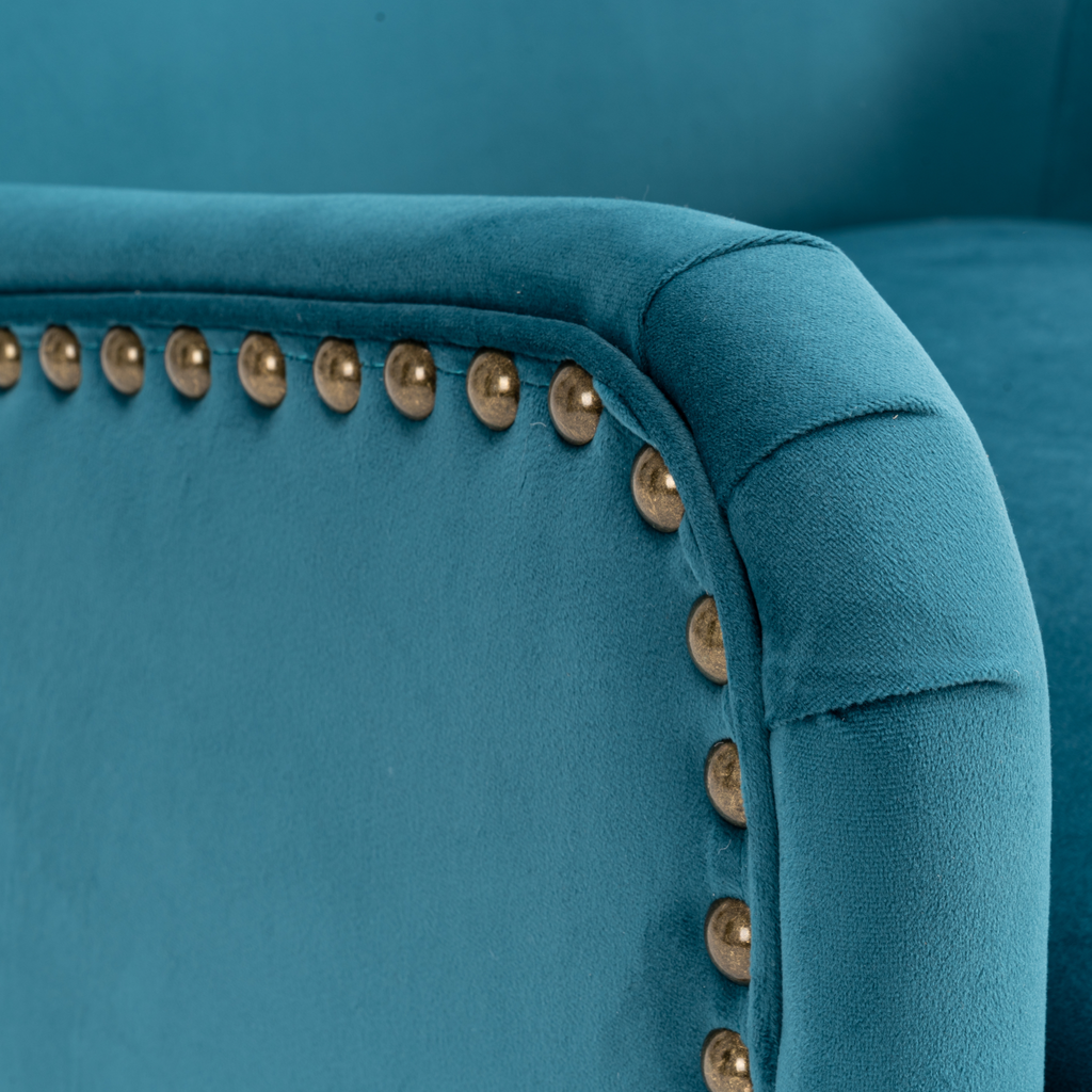 Velvet Teal Segovia Accent Wingback Chair Closeup Armrest with decorative studs