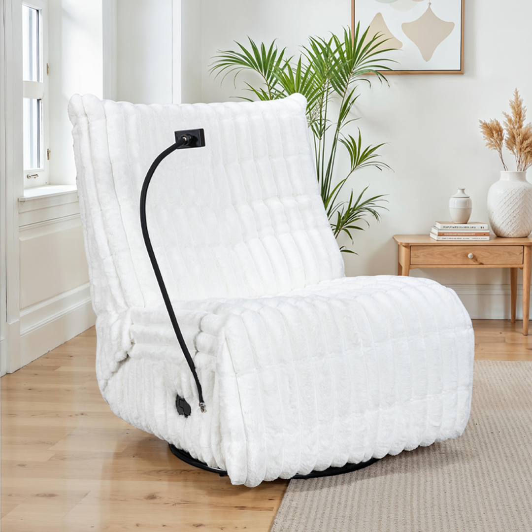 White Jumbo Cord Manual Recliner Swivel Chair with Phone Holder