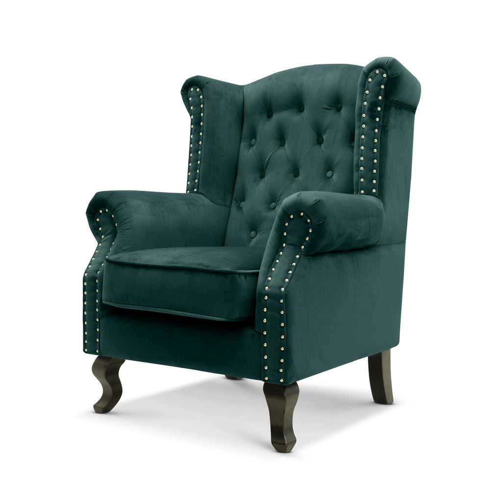 Velvet Wing Back Fireside Henley Chair Armchair with Buttons Bottle Green