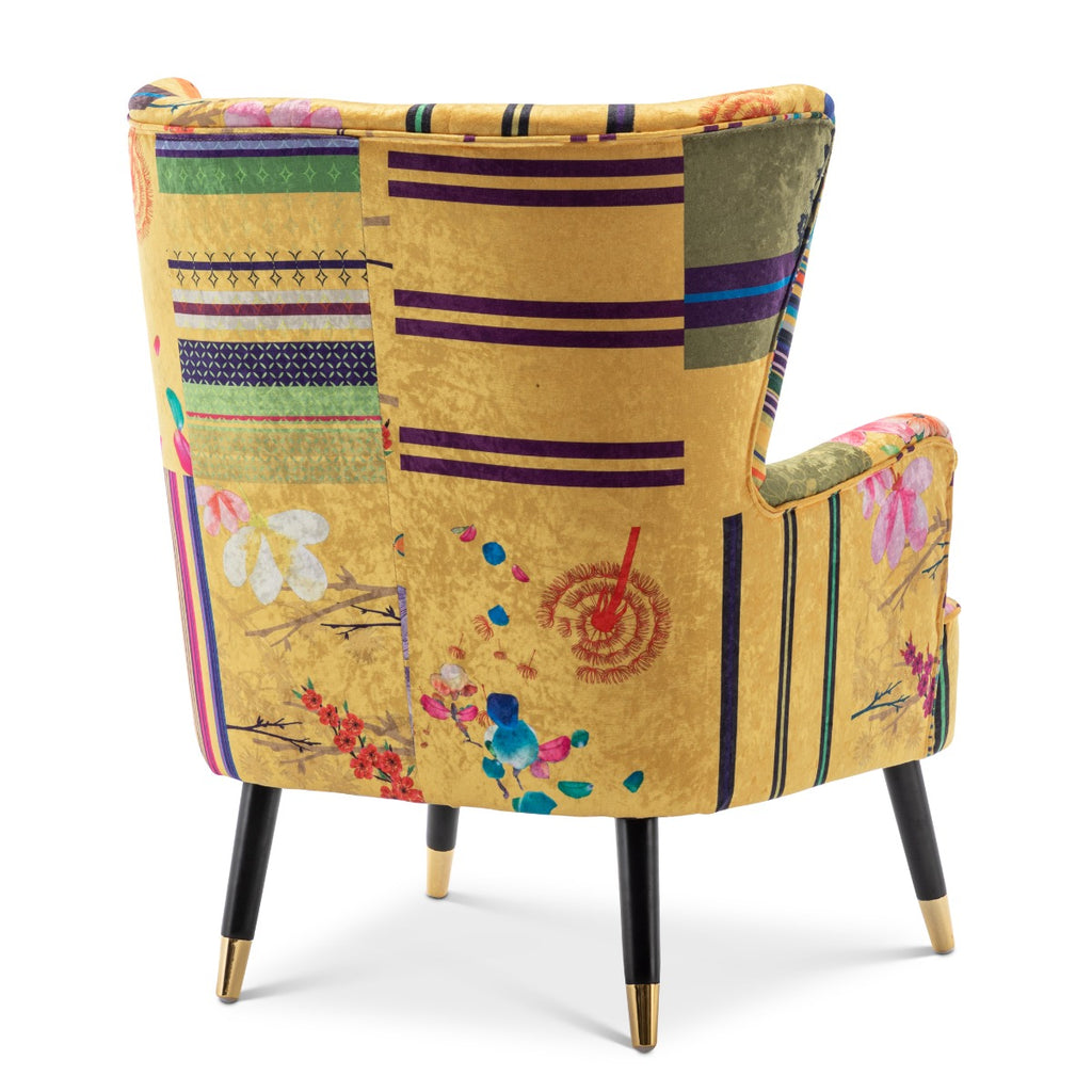 Fabric Gold Patchwork Victoria Accent Wingback Chair with Footstool