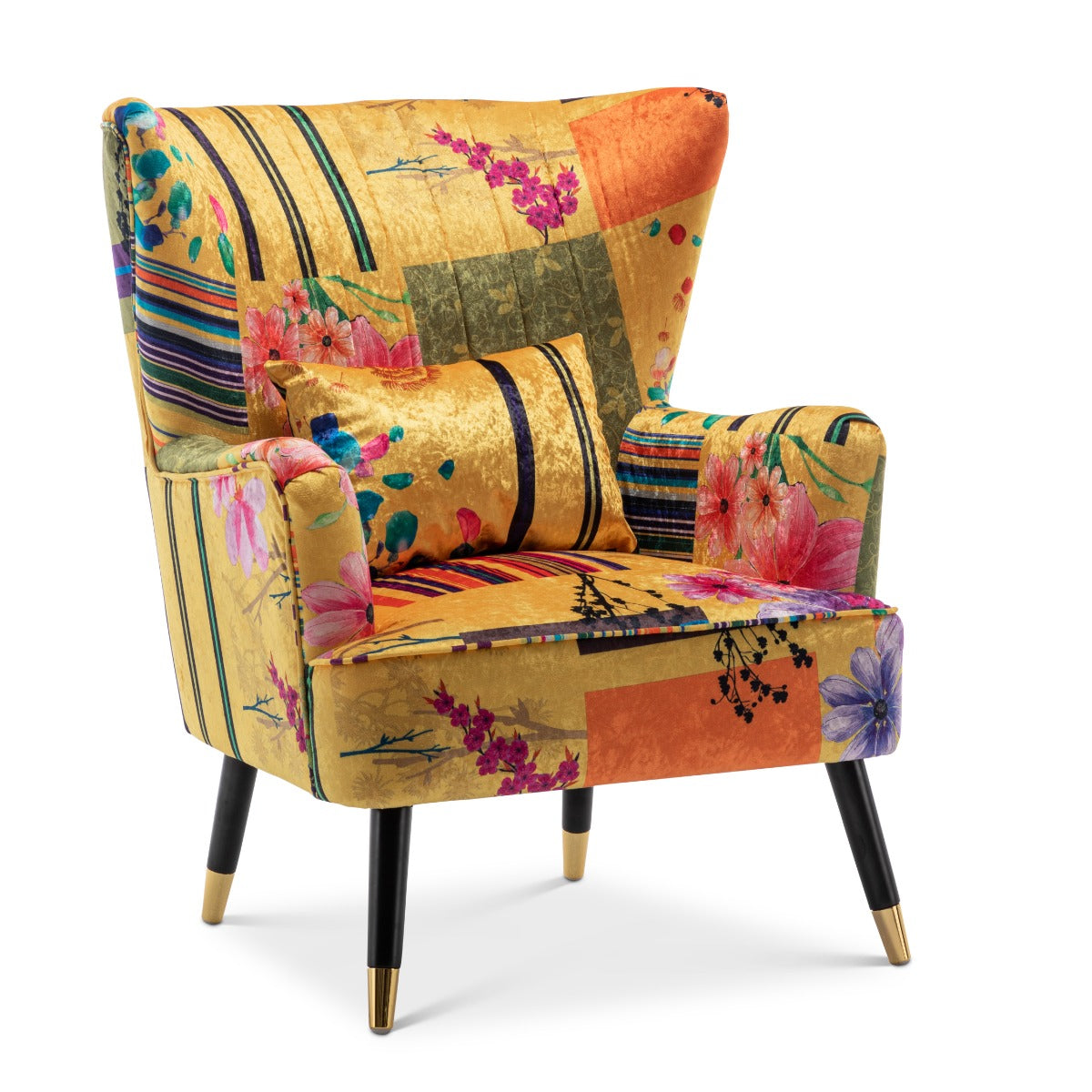Cow Print Velvet Wingback Chair With Footstool - High Back Accent Armchair For Living Room