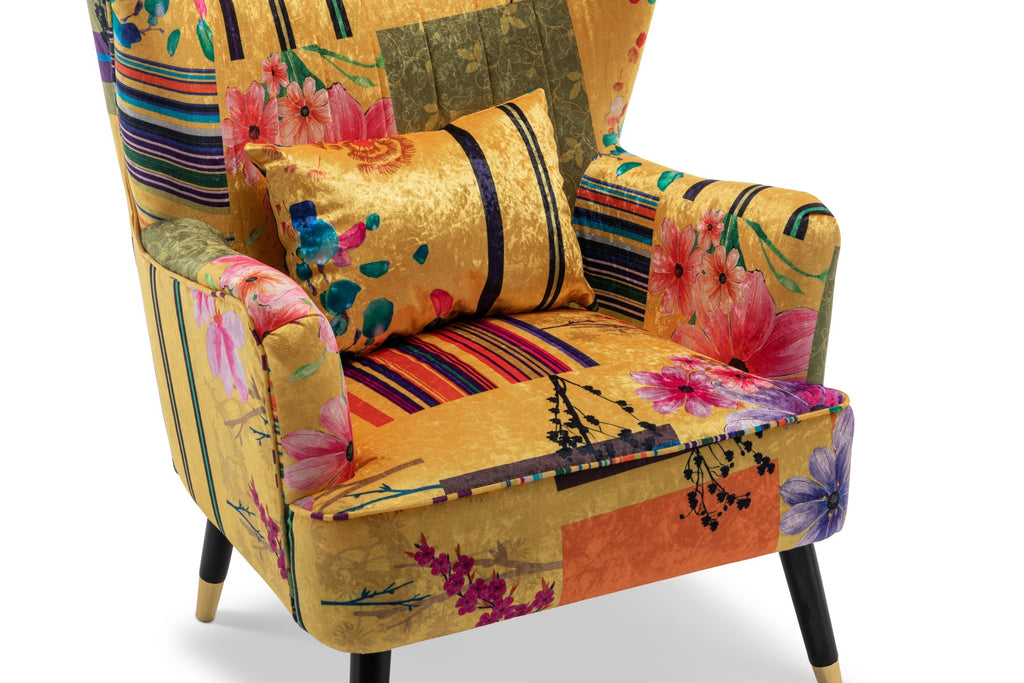 Fabric Gold Patchwork Victoria Accent Wingback Chair with Footstool