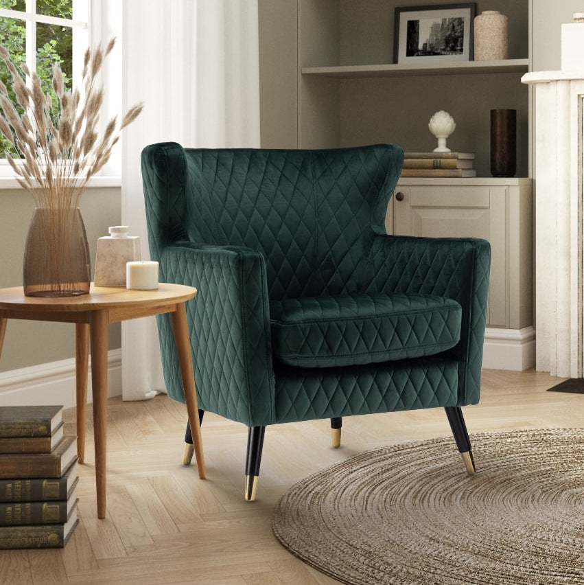 Wingback Chair Emerald Green Club Chair Velvet Bottle Green