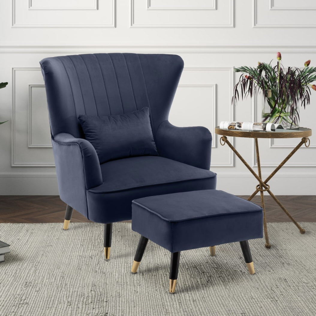 Velvet Blue Camila Accent Wingback Chair with Footstool – Stunning