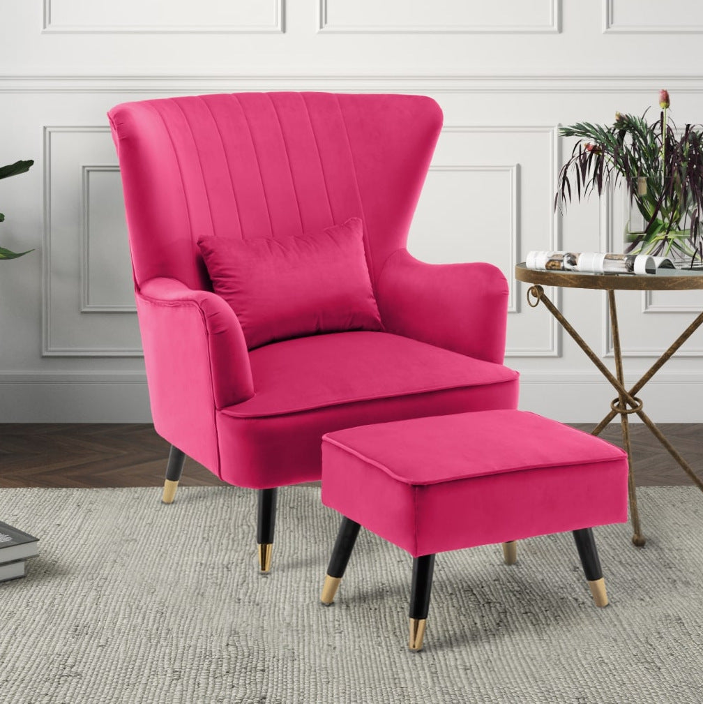 Velvet Dark Pink Camila Accent Wingback Chair Footstool