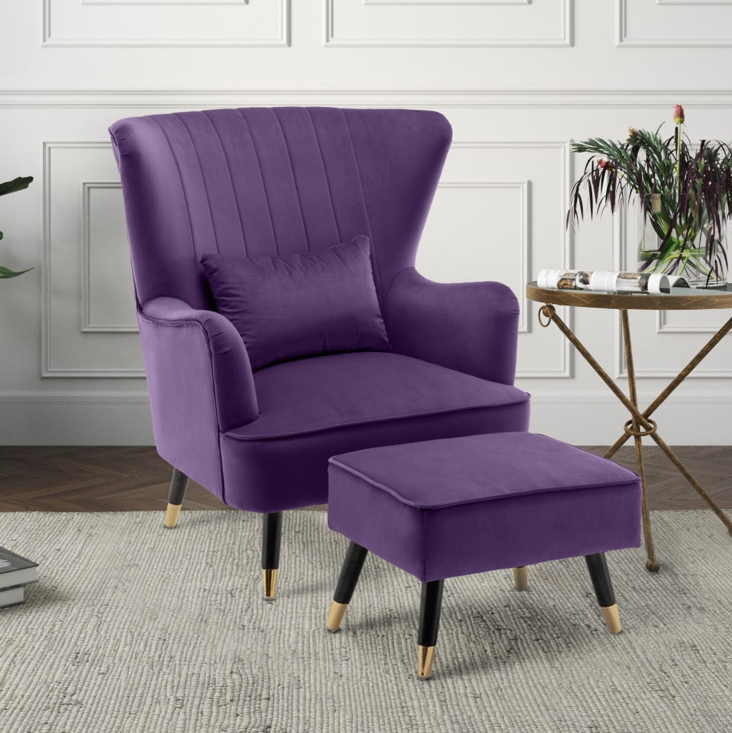 Velvet Purple Camila Accent Wingback Chair with Footstool