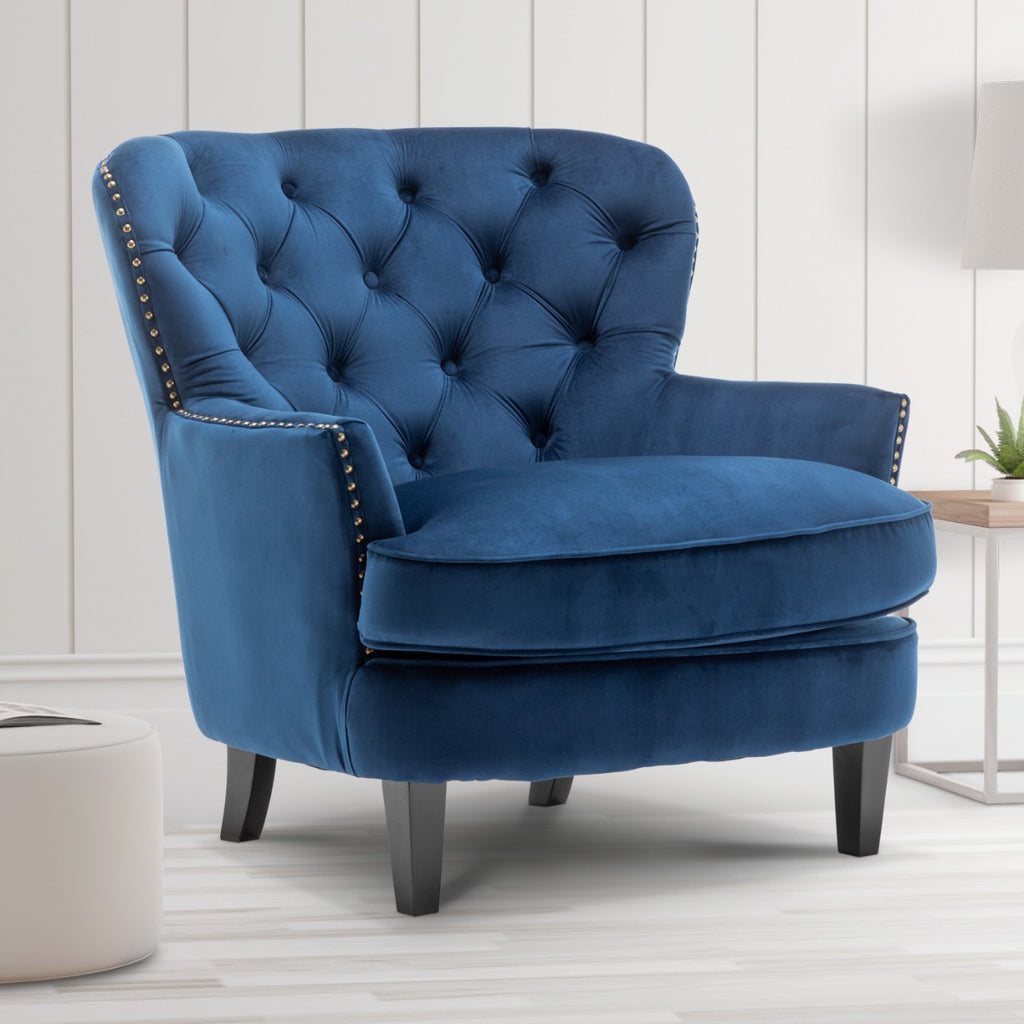 Velvet Blue Buttoned Ava Accent Chair – Stunning Chairs