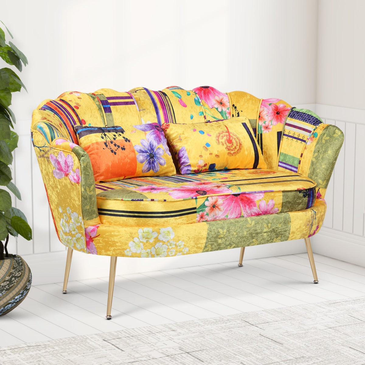 Fabric Gold Patchwork 2 Seat Daisy Accent Chair Stunning Chairs