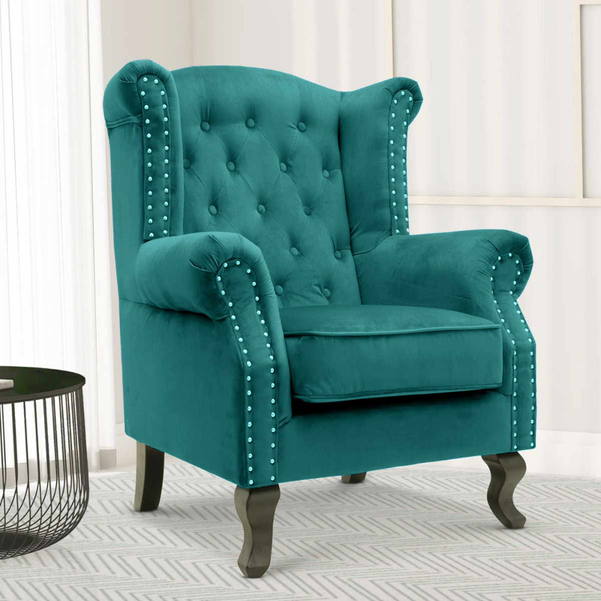 Velvet Wing Back Fireside Henley Chair Armchair with Buttons Teal