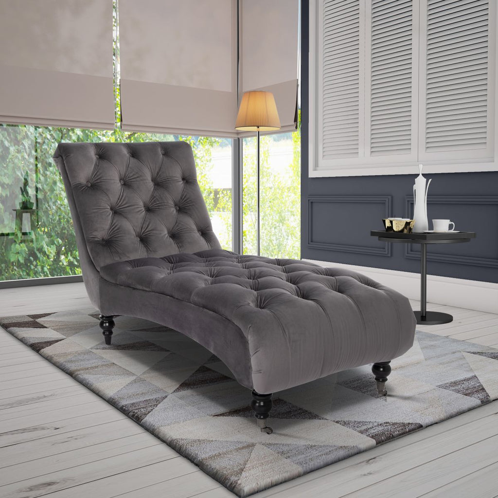 Velvet Dark Grey Layla Chesterfield Chaise Lounge – Stunning Chairs
