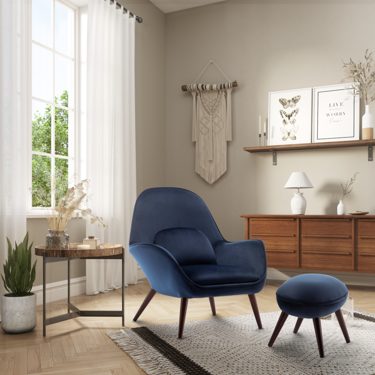 Blue lounge chair with ottoman deals