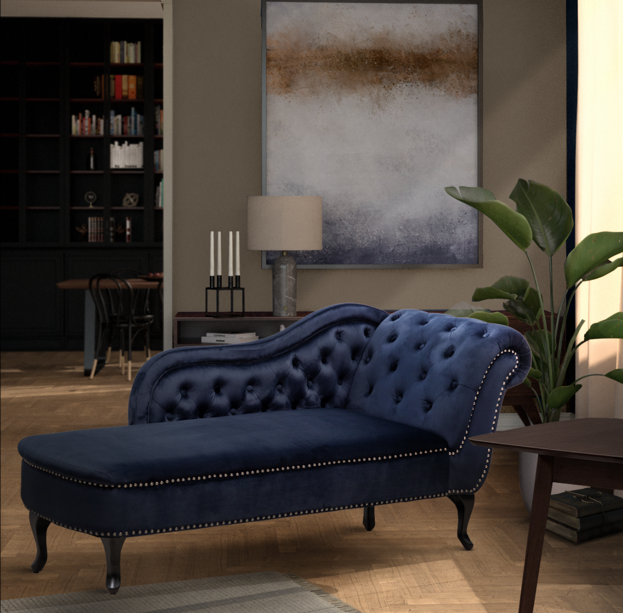 Navy blue velvet chaise lounge deals