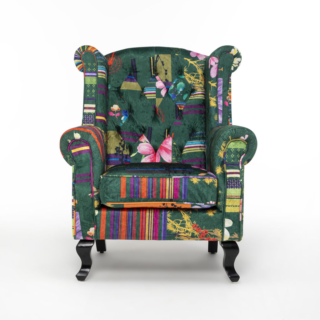 fabric-green-patchwork-chesterfield-wingback-chair