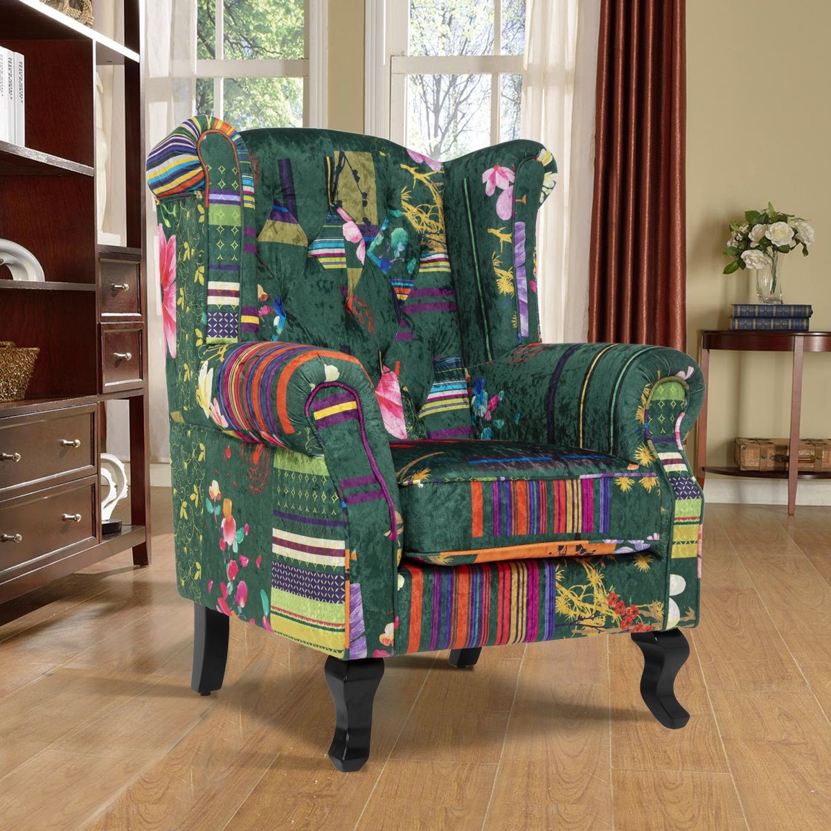 Fabric Green Patchwork Chesterfield Wingback Chair – Stunning Chairs