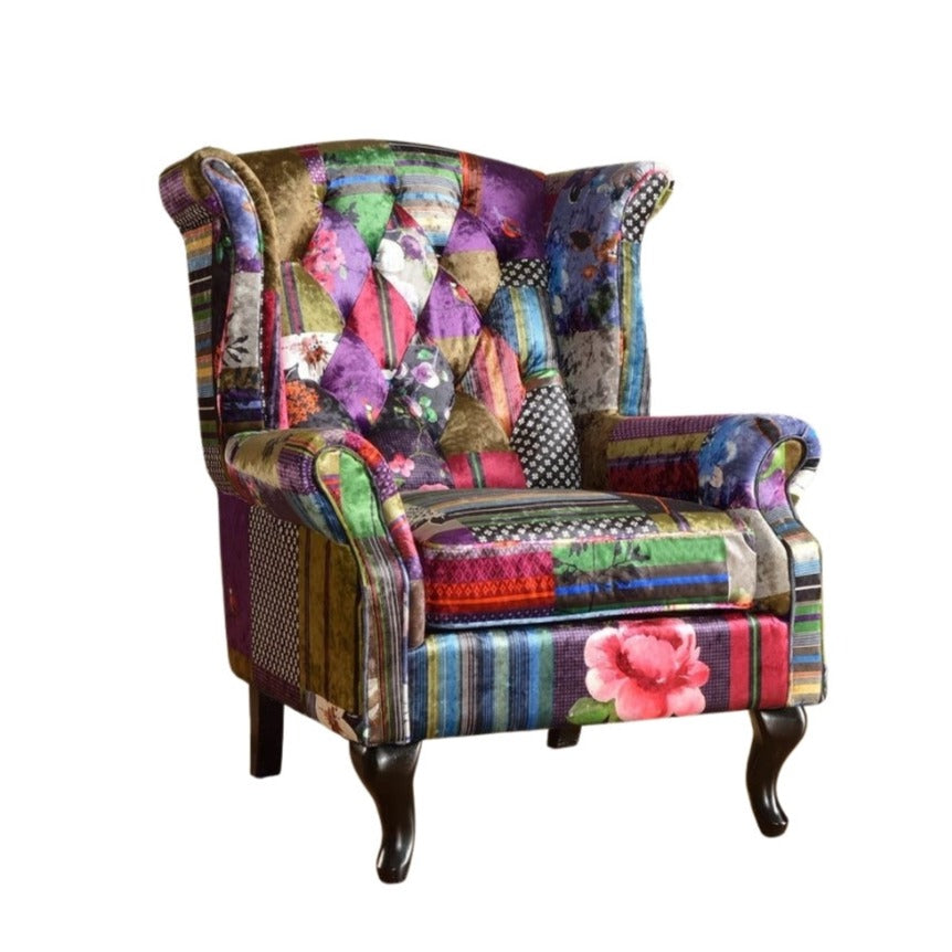 Small Patchwork Chair Fabric Patchwork Chesterfield Avici Scroll Wingback Chair – Stunning Chairs