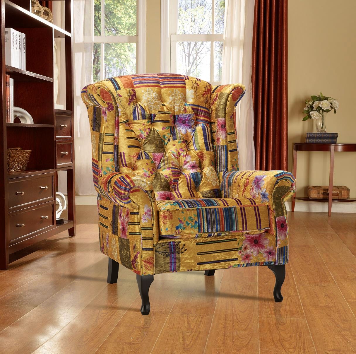 Fabric Gold Patchwork Chesterfield Avici Wingback Chair – Stunning